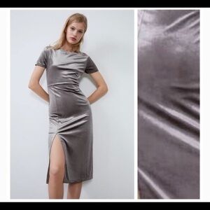 NWT Zara 90’s Y2K Silver Pewter Velvet Side-Slit Midi Dress Size Small